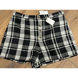 NEW American Eagle Black White Plaid Button Front High Waisted Shorts Size Large
